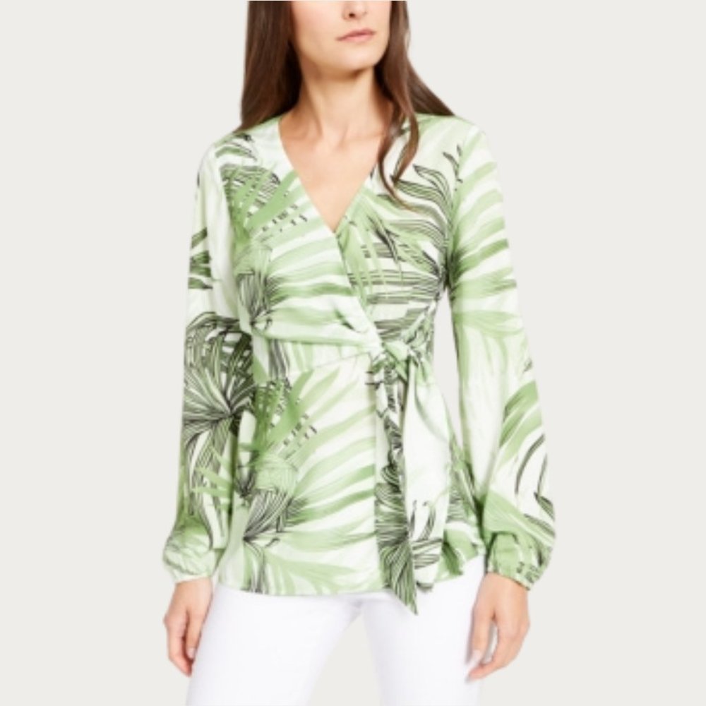 Alfani Women's Petites Printed Side Tie Blouse Green